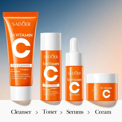 5pcs Vitamin C Skincare Set Travel Portable Face Cream Toner Cleanser and Serum Essence Moisturizing Refreshing Rejuvenate New