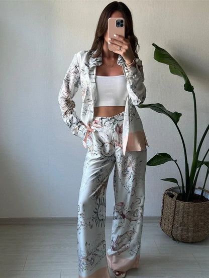 2 Pieces Set for Woman 2025 Summer New Elegant Print Long Sleeves Shirt Tops Suits Fashionable Casual Loose Wide Leg Pants Sets