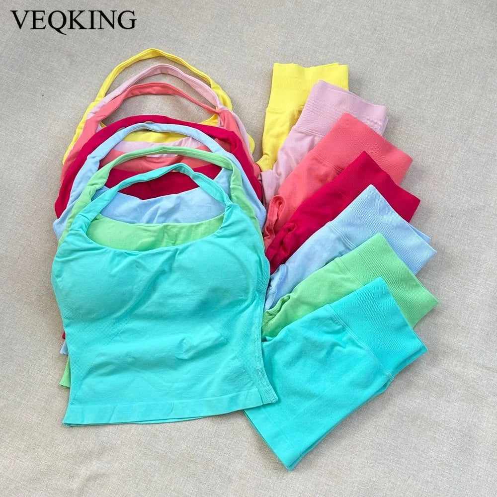 VEQKING Seamless 2pcs Women Yoga Sets Open Back Longline Sports Halter Bras Running Tank Tops Scrunch Butt Gym Workourt Shorts