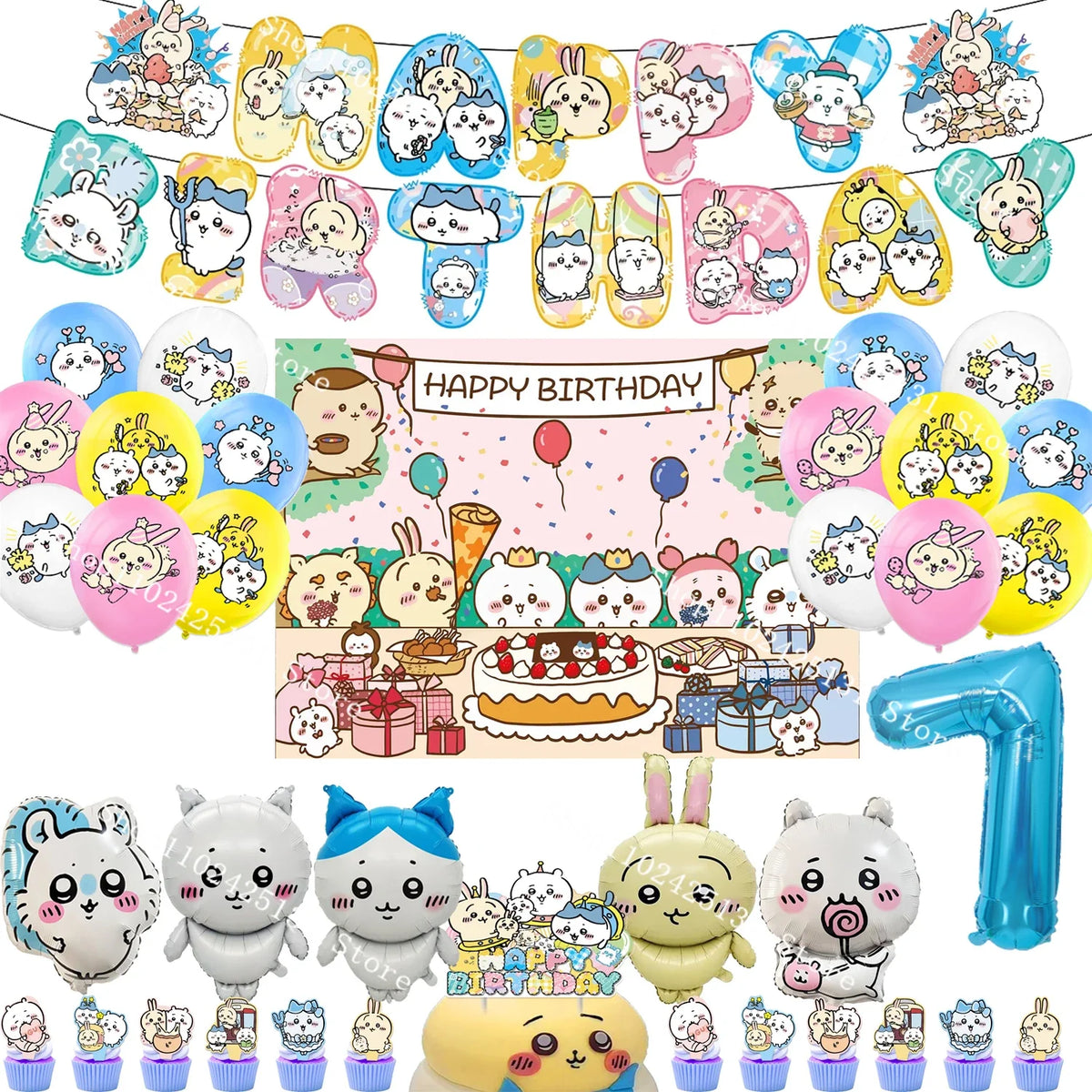 Chiikawa kawaii Happy Birthday Party Decorations Cute plate Banner Cake Topper Flag Balloons Disposable tableware Decorations