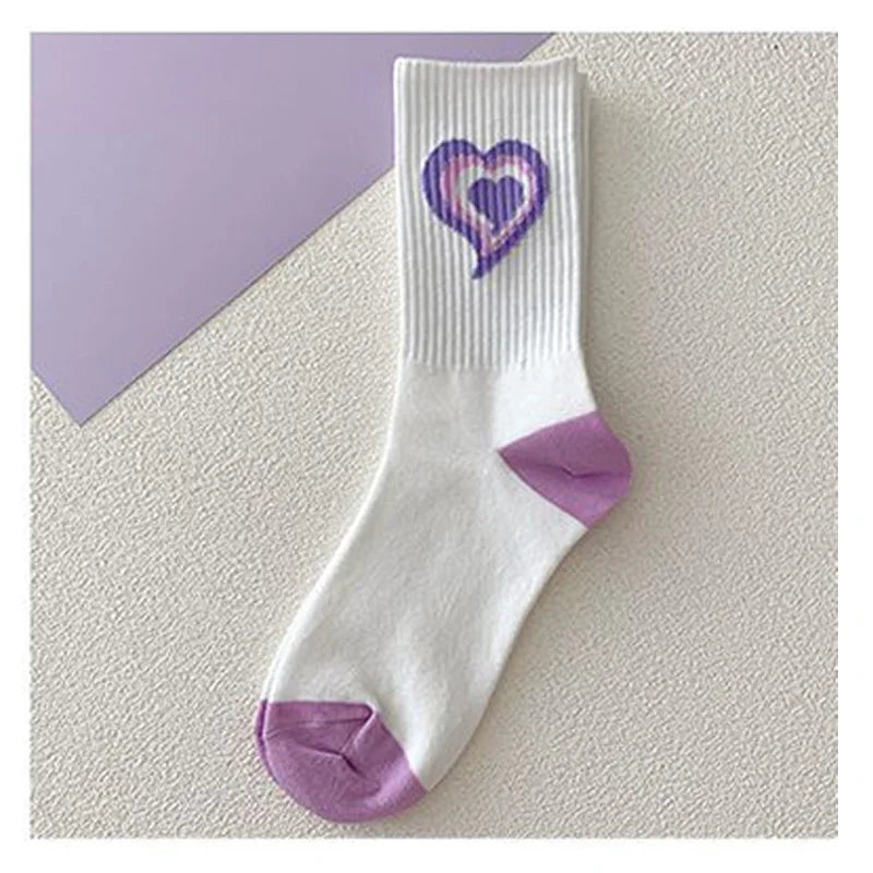 Kawaii Love Print Socks Purple Women Socks Female High Beauty In Spring Summer Fried Street Middle Tube Socks Harajuku Medias