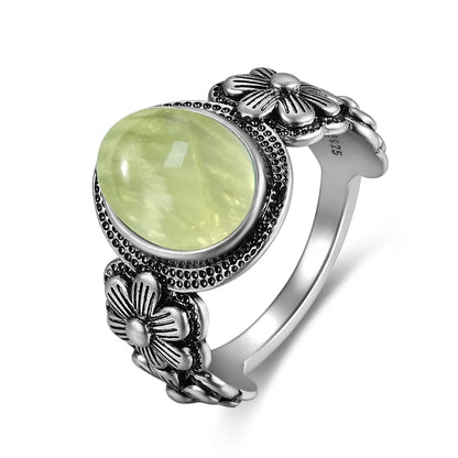 925 Sterling Silver Ring With Natural Prehnite Stone 8*10mm Oval Shape With Crystal Flower Design Gifts Fine Jewelry For Women