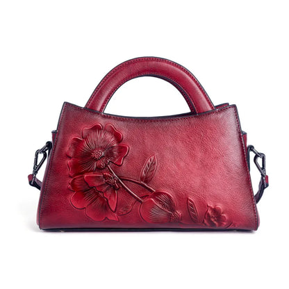 Floral Women Genuine Leather Tote Bag Retro Real Cow Leather Handbag Vintage Ladies Cowhide Shoulder or Crossbody Bags