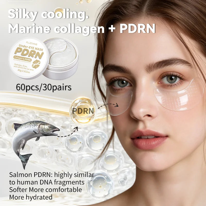 PDRN Eye Patches 60 Pcs，Clear Collagen Eye Mask For Dark Circle And Puffiness，Brightening Firming with Niacinamide HA Sodium