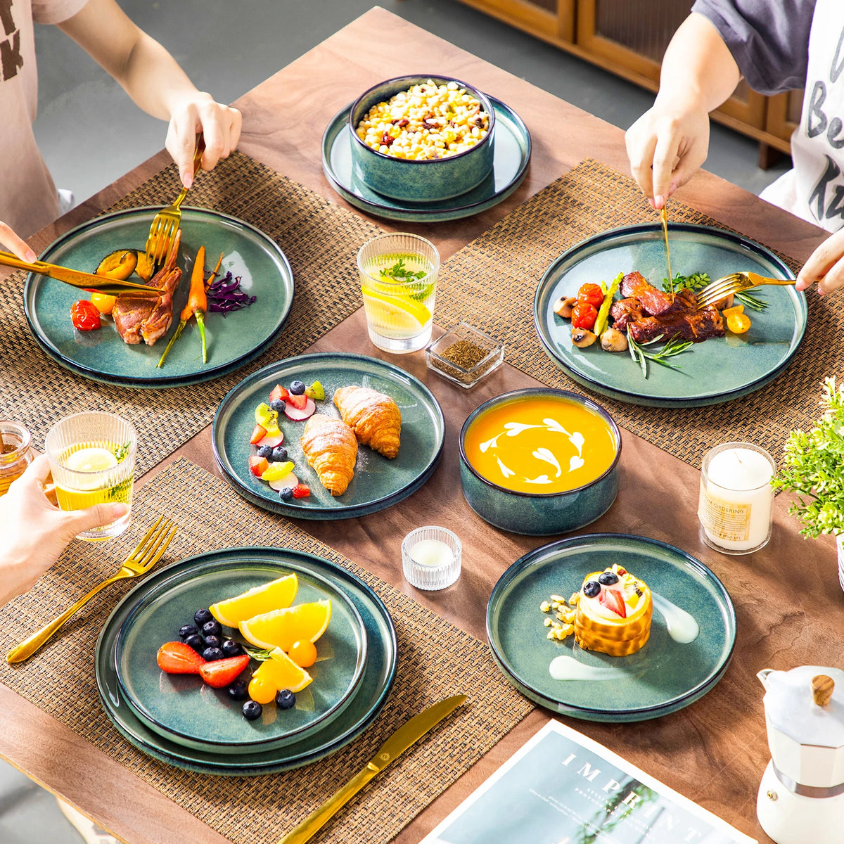 Vancasso 12/24/36 Piece Dinner Set Black Green Reactive Glaze Vertical Edge Dinnerware Set with 4 PCS Dinner Plate/Dessert/Bowl