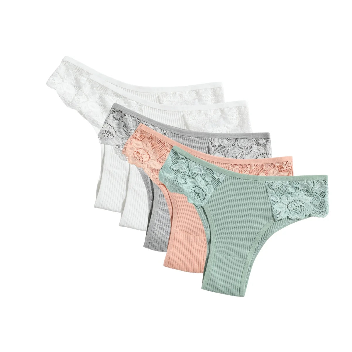 5Pcs/Set Women Cotton Panties Floral Lace Side Panel Low Rise Rib Briefs Low Cut Underwear Comfort Sexy Lingerie Daily Bikini