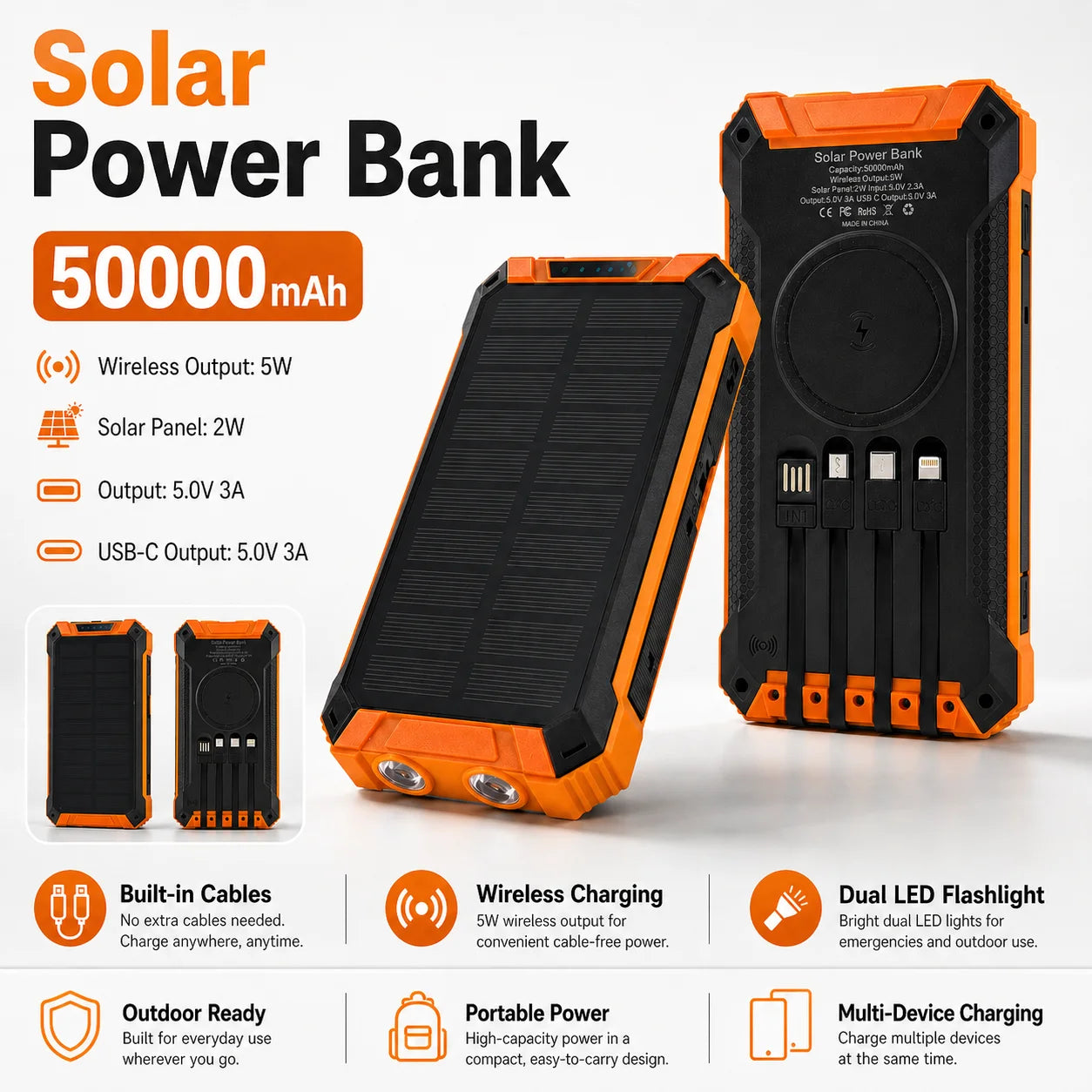 50000mAh Solar Power Bank Fast Charging Portable Charger with Built-in Cables Wireless Outdoor Battery Pack