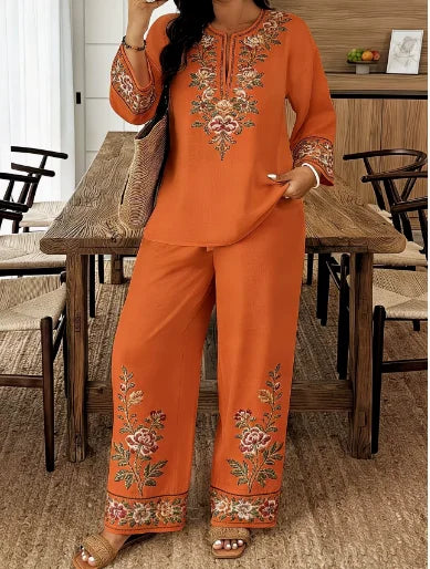 Two Piece Set Women Outfit 2026 Spring Autumn New Floral Print Round Neck Long Sleeve Loose Top & High Waist Casual Pants Set