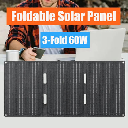 60W Foldable Solar Panel 3-Fold USB Type-C Folding Bag Power Charger For Phone Outdoor Hiking Camping Mobile Power Supplies