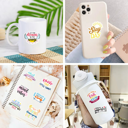 50 PCS Motivational Text Stickers English Short Sentences, Decorative Water Cup Wall Stickers
