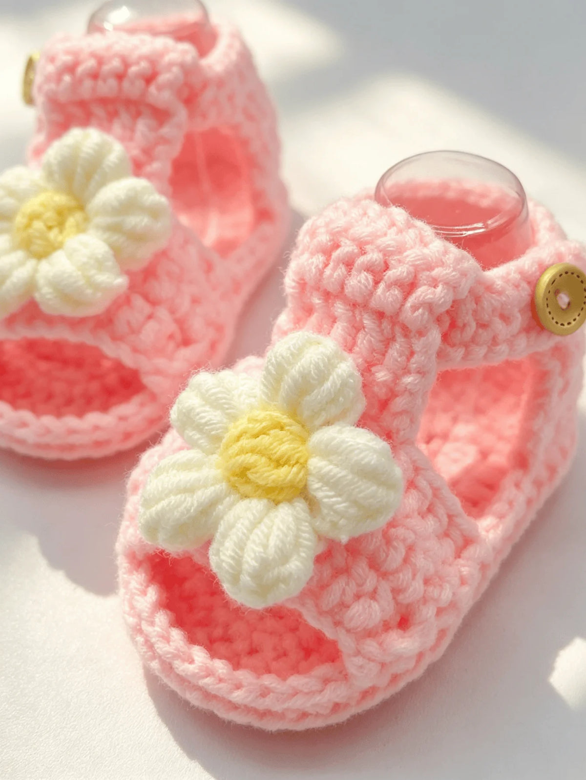 1 Pair Crochet Baby Girl Sandal Booties, Pink, Daisy Flower Accent with Button Strap, Infant Shoes