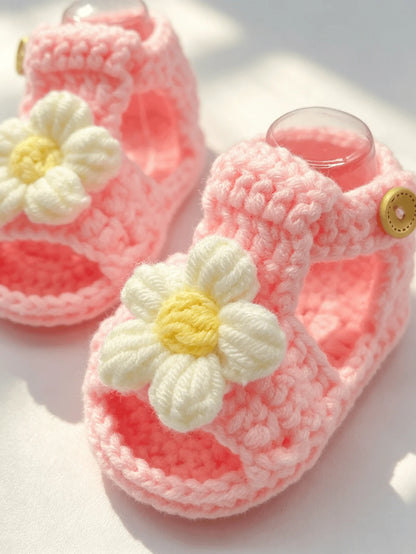 1 Pair Crochet Baby Girl Sandal Booties, Pink, Daisy Flower Accent with Button Strap, Infant Shoes