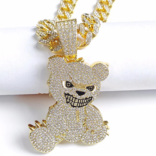 Hip Hop Aggressive Bear Pendants Necklaces with Miami Cuban Link Chain Brown Bear Men's Women Choker Collar Jewelry Accessories