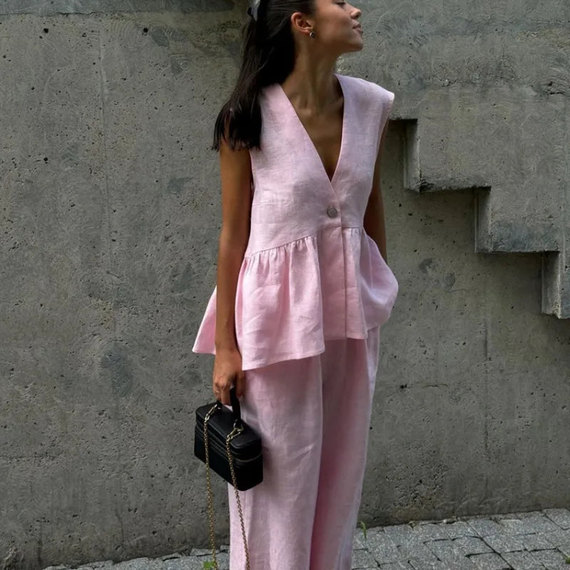 2026 V-neck sleeveless top, vest and long pants suit, solid-color two-piece set