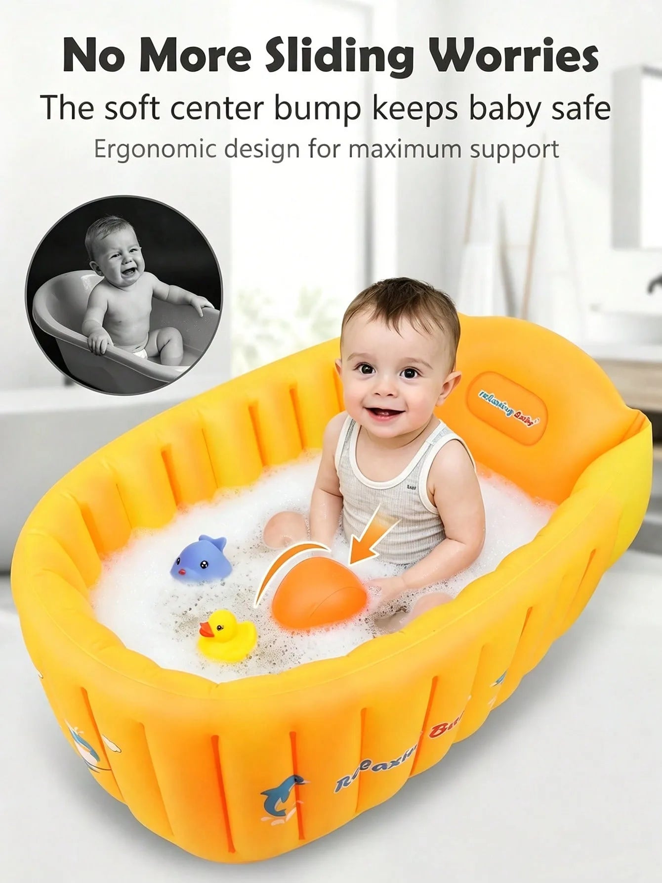 Yellow Inflatable Baby Bathtub Portable Foldable Non Slip Newborn Blow Up Bath Tub Toddler Swimming Pool Travel Shower Basin Air Padding