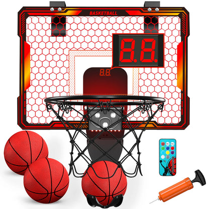 Mini Indoor Basketball Hoop with 7 LED Lights Scoreboard 3 Play Modes Adjustable Volume over Door Foldable for Kids Adults