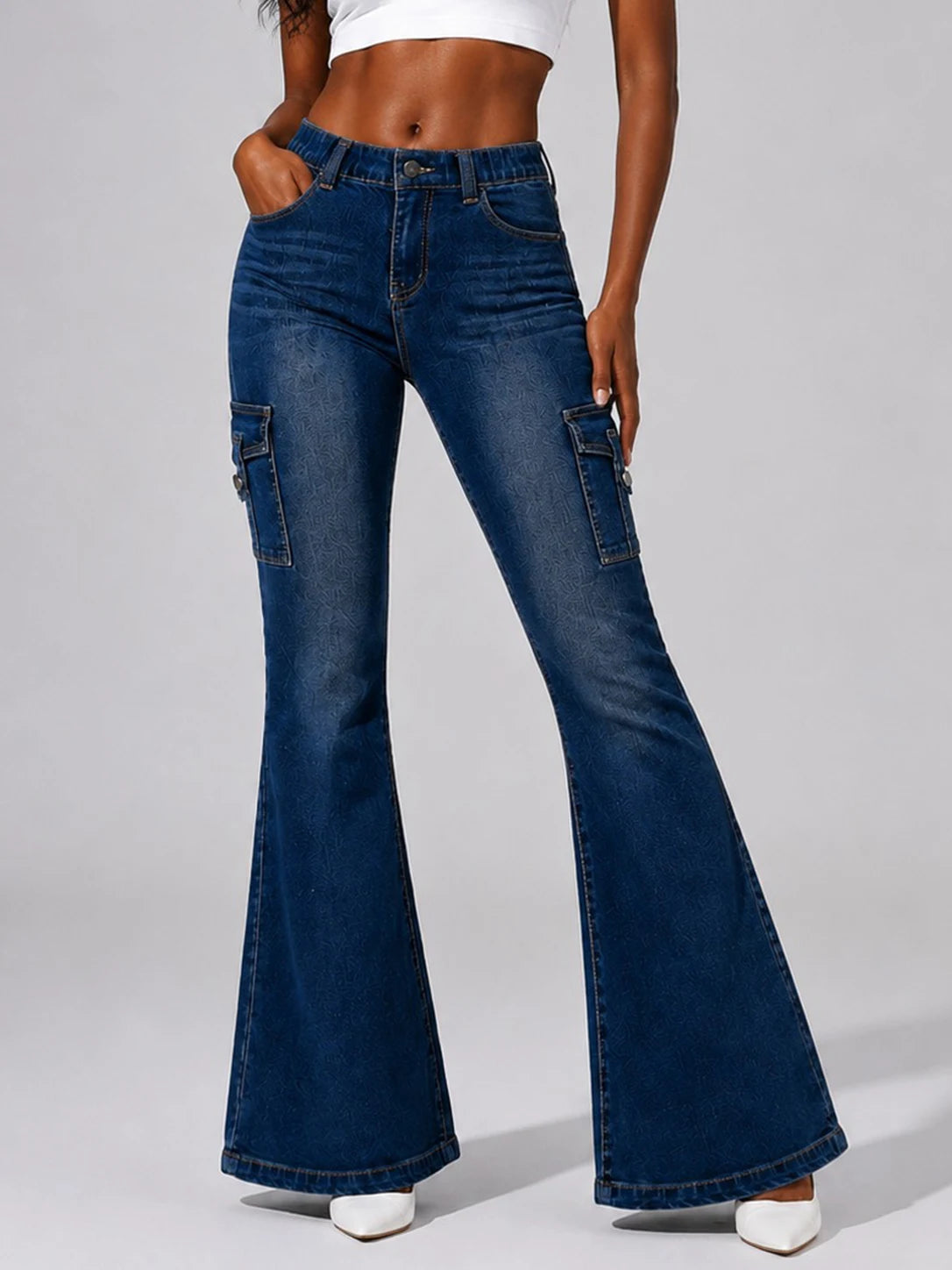 Women's High-quality Stretch Vintage Washed Cargo Flare Jeans, Y2K Style, Casual and Versatile, Suitable for All Seasons
