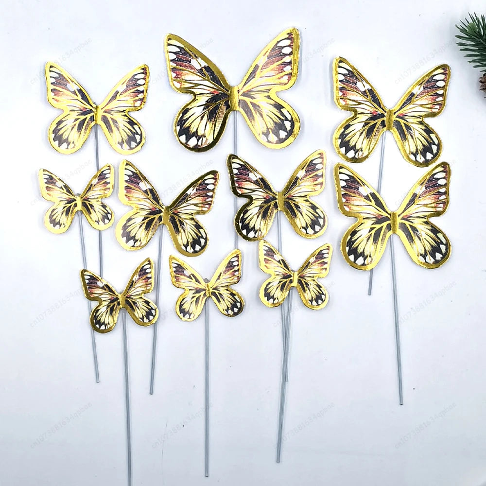 DIY Stamping Gold Pink Butterfly Cake Toppers Happy Birthday Cake Decoration Wedding Party Decor Shower Dessert Baking Supplies