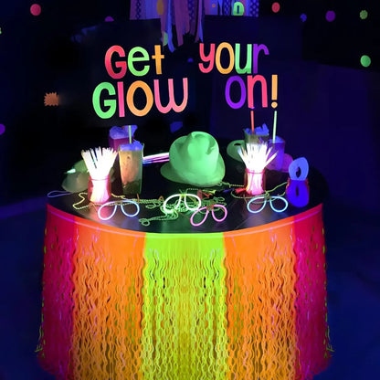 Neon Fluorescent Orange Yellow Fuchsia Wavy Metallic Tinsel Foil Fringe Table Skirts Glow in The Dark Party Supplies Glow Decors