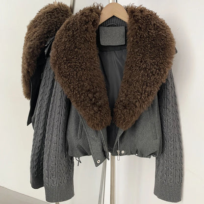 OFTBUY Women Winter Real Lamb Wool Fur Collar 90 White Duck Down Jacket Cable Knit Sleeve Zipper Drawstring Cropped Coat