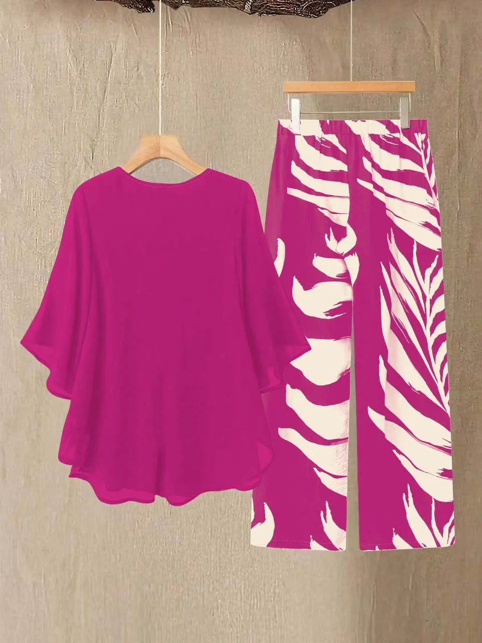 Lady Colorful O Neck Loose Suit Casual Chiffon Set Three Quarter Sleeve Top Wide Leg Pants Women Outfit Comfortable 2 Piece Sets
