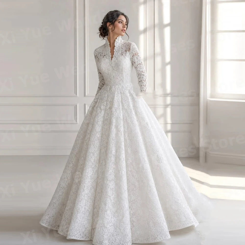 2026 Graceful A Line Women's Luxurious Lace Long Sleeve Wedding Dresses Vestido De Novia Bride Gowns Customized Robe De Mariée