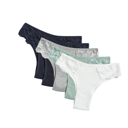 5Pcs/Set Women Cotton Panties Floral Lace Side Panel Low Rise Rib Briefs Low Cut Underwear Comfort Sexy Lingerie Daily Bikini