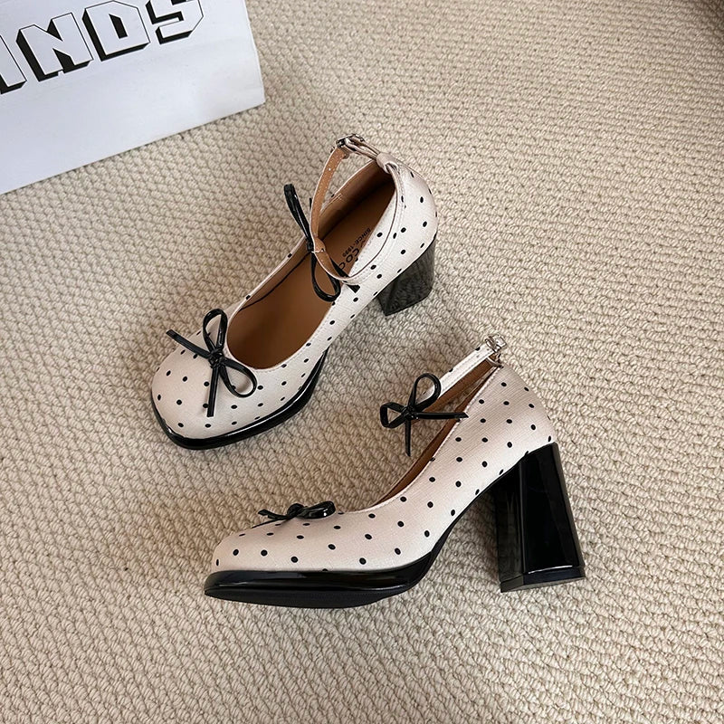 Thick Heel Polka Dot Women Mary Jane Shoes Concise Ankle Strap Shoes 2026 Spring Women's Elegant Butterfly-knot Dress Pumps