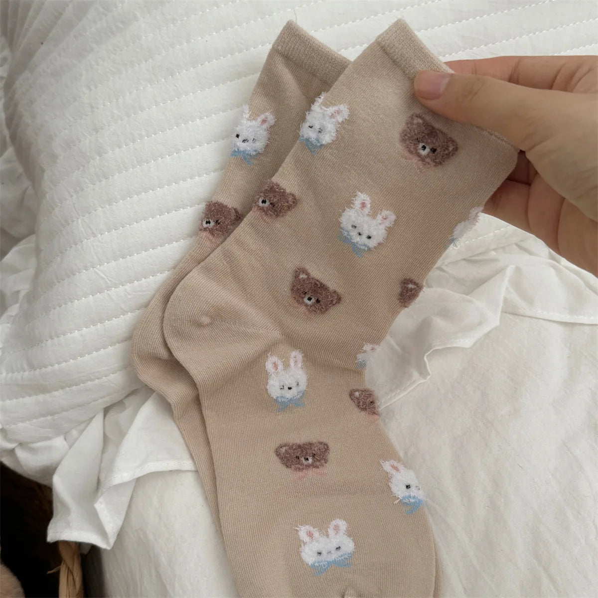 SP&CITY Cute Rabbit Bear Middle Socks for Women Trendy Casual Cartoon Cotton Socks College Style Sweet Girl Breathable Socks