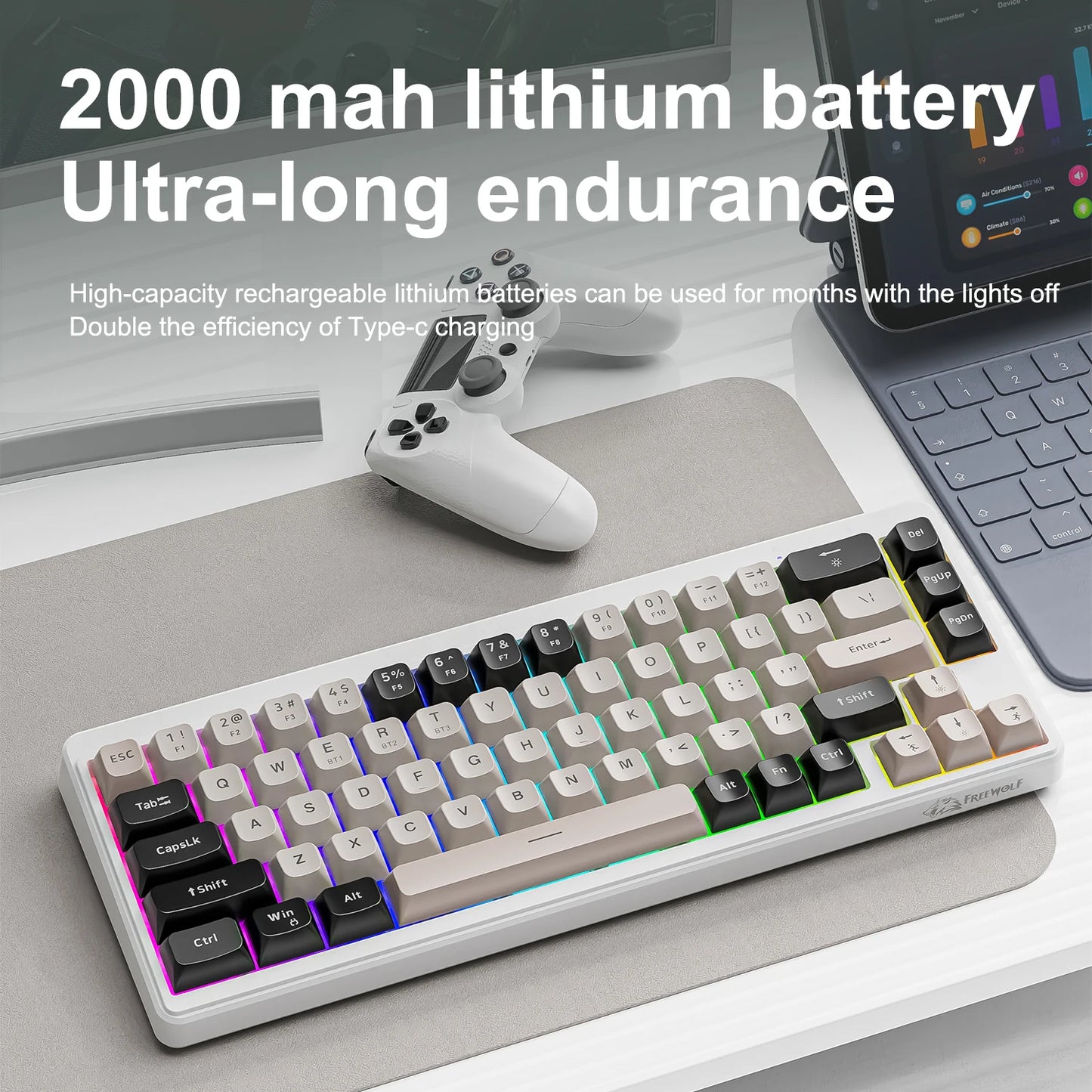 FREEWOLF M68 Wireless Keyboard and Mouse Set Multidevice Connection 68 Keys Mini Keyboard and A3 Mouse Kit PBT keycaps Backlight