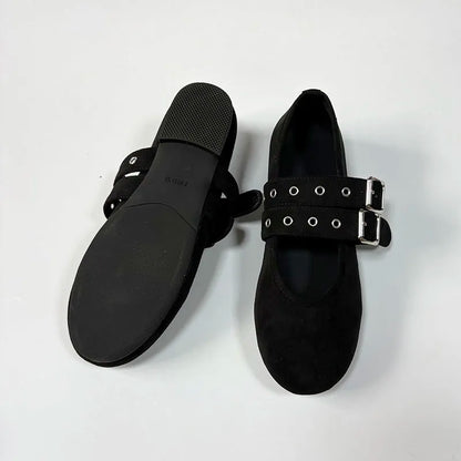 New Fashion Buckle Strap Footwear Flock Ballet Flats Women Dance Shoes Female Round Toe Ladies Mary Janes Flats Lolita Shoes