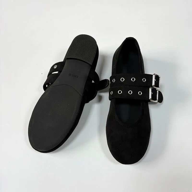New Fashion Buckle Strap Footwear Flock Ballet Flats Women Dance Shoes Female Round Toe Ladies Mary Janes Flats Lolita Shoes