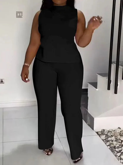 Solid Casual Tracksuit Women 2 Pieces Outfits Summer Sleeveless Side Split Top and Wide Leg Pants Sporty Fitness Matching Sets