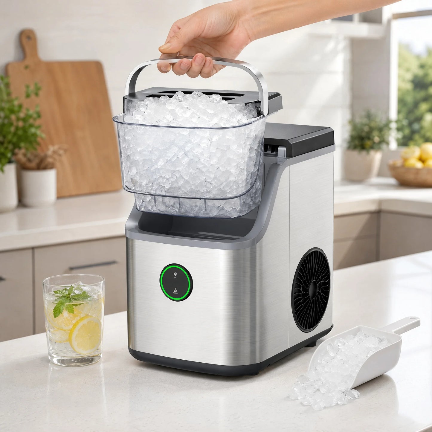 Nugget Ice Maker Countertop, Ice Basket with Handle, Quiet Operation & Self Cleaning Ice Machine, Chewable Ice, 33 Lbs/24H, Portable Pellet Ice Maker with Scoop for Home, Kitchen and Office