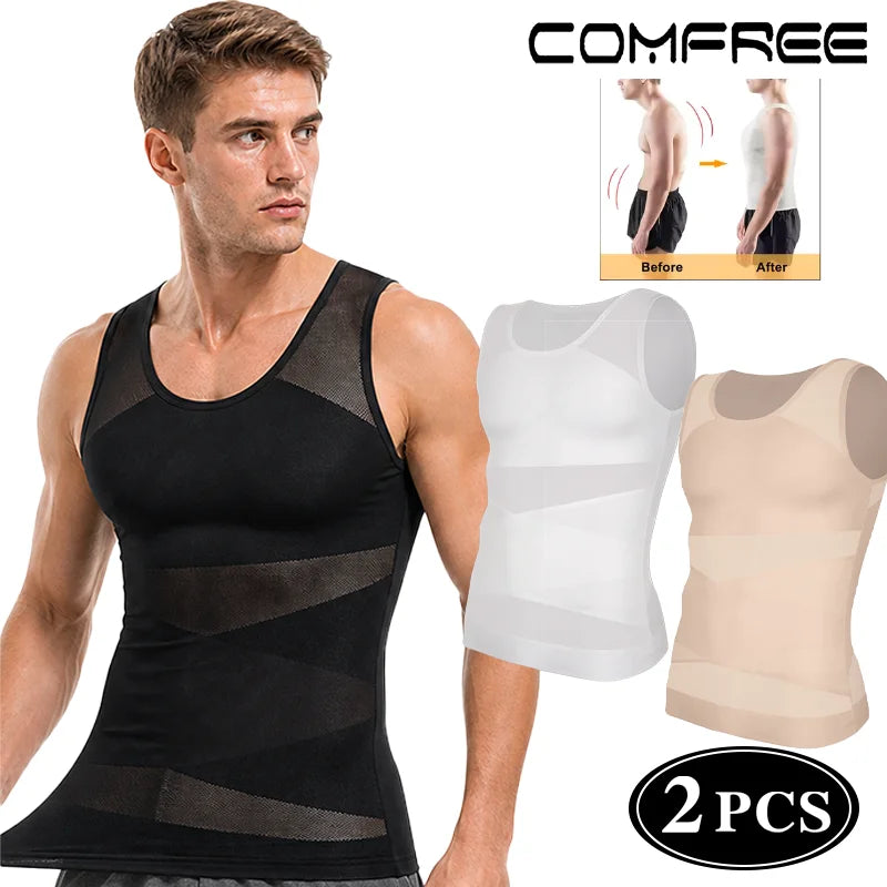 2 PCS Men Cross Mesh Compression Tank Top Gynomastica Shapewear Sleeveless Undershirt Tummy Control Slimming Body Shaper Breathable Waist Trainer Back Support Fitness Vest