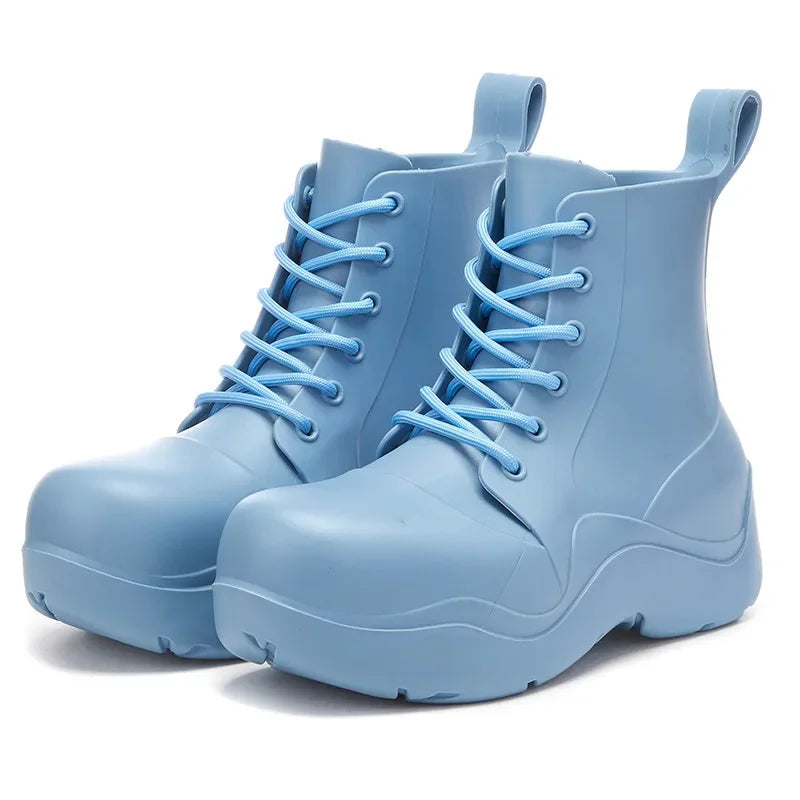 New Thick Sole Outdoor Rain Boots Women's Lace Up Fashion Solid Color Short Sleeve Four Seasons Waterproof Rain Shoes 장화 레인부츠