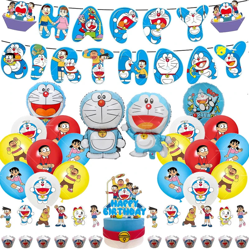 Doraemoned Balloons Cartoon Blue Jingle Cat Party Decoration Supplies Happy Birthday Banner Disposable Tableware Kid Cake Topper