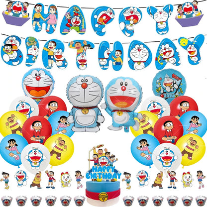 Doraemoned Balloons Cartoon Blue Jingle Cat Party Decoration Supplies Happy Birthday Banner Disposable Tableware Kid Cake Topper