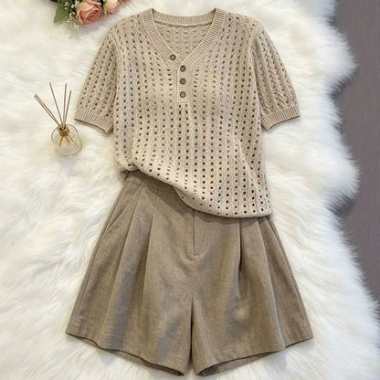 Elegant Casual 2 Piece Set 2026 Women Crochet Knit V Neck Button Short Sleeve Top High Waist Tailored Shorts Daily Summer Outfit