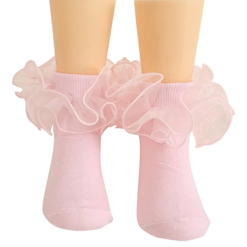 1 Pair Girls' Puffy Lace Socks Children's Combed Cotton Lace Lace Socks Baby Girl Skirt Accessories Solid Color Socks