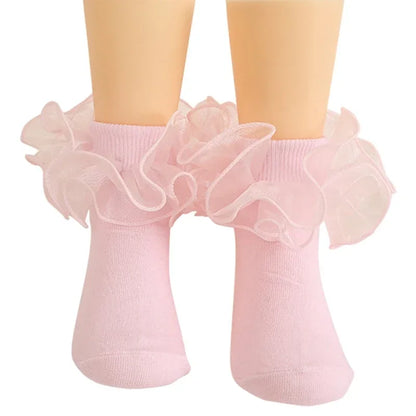 1 Pair Girls' Puffy Lace Socks Children's Combed Cotton Lace Lace Socks Baby Girl Skirt Accessories Solid Color Socks