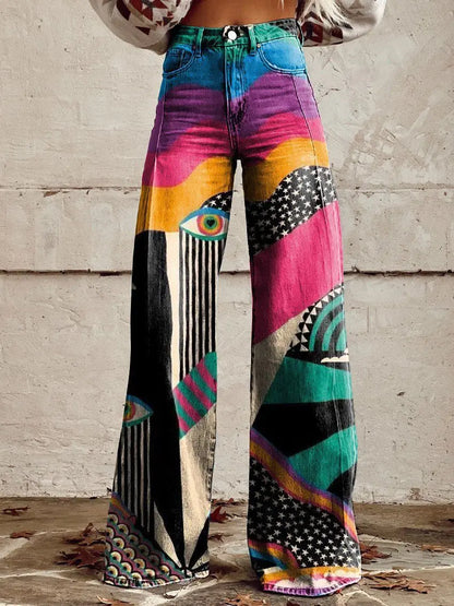 Women's 3D Printed Flare Jeans-Polyester Wide Leg Pants with Distressed Vintage Look, High Waist Comfort Fit for Street Fashion