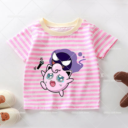 Cartoon Pokemon Stripe T Shirt Cute Pikachu Eevee Bulbasaur Baby Boy Girl Summer Tops Kawaii Toddler Short Sleeve Tee Shirts