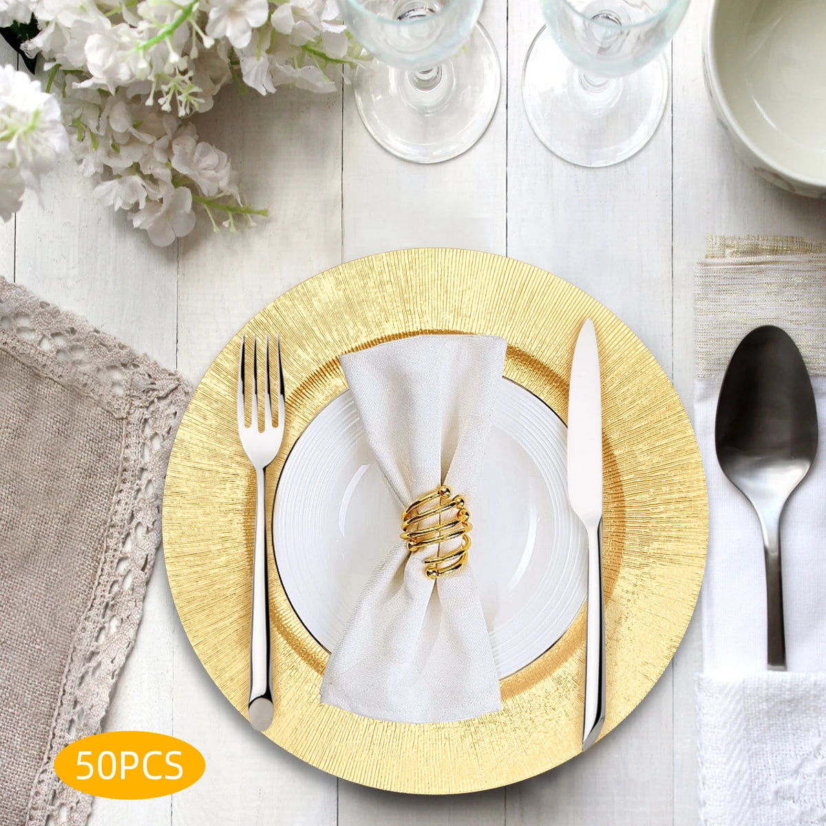 50-Pack Gold Charger Plates – Pp – 12.99" – Spray Painted – Stackable – for Wedding Party Banquet Table Decor – 17.64 Lbs