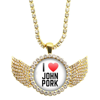 John Pork Is Calling Answer Call Phone Humor Funny Pig Lover Graphic The Moon Necklace Angel Wings Pendant Necklace Jewelry Gift
