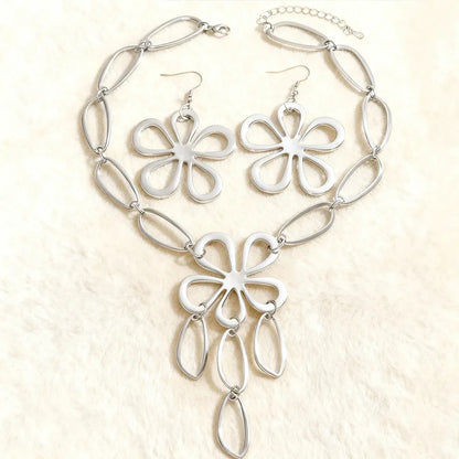 Fashion Metal Geometric Hollow Five Flower Oval Necklace Earrings Set Three-dimensional Large Flower Long Necklace Earrings