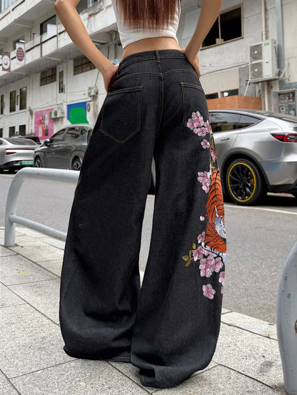 American Retro Tiger Flower Embroidered Black Loose Wide-Leg Jeans For Women, Street Hip-Hop Fashionable And Versatile Trousers