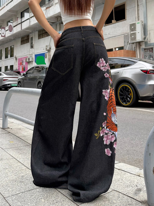 American Retro Tiger Flower Embroidered Black Loose Wide-Leg Jeans For Women, Street Hip-Hop Fashionable And Versatile Trousers