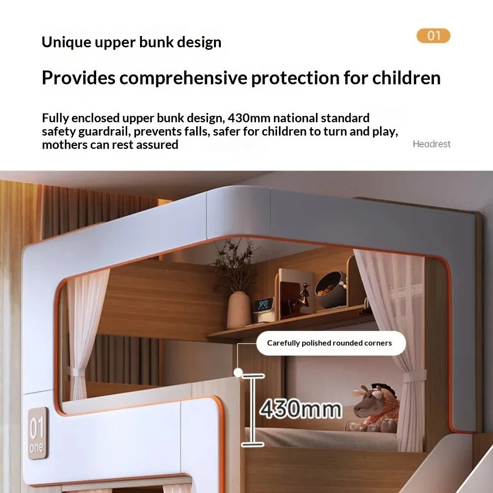 Simple Small Space Bunk Bed for Kids Floating Style High Guardrail Privacy Separated Twin Bed with Double Bookshelves