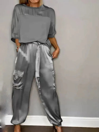 Women's Summer Fashion Solid Satin Two Piece Set Women O Neck Long Sleeved Top Long Pants Casual Loose 2 Piece Set Women Clothes